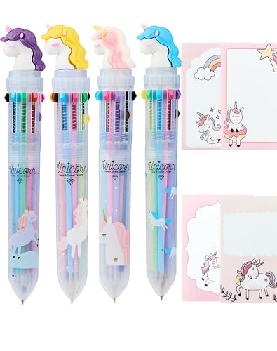 LAOYE 4PCS Mehrfarbiger Kugelschreiber 10in1 Multicolor Kuli Einhorn Stifte lustig 3D Unicorn Kugelschreiber farbig Süße Pferde Kugelschreiber mit 4PCS Haftnotizen - Mehrfarbiger Stift für Kinder von LAOYE