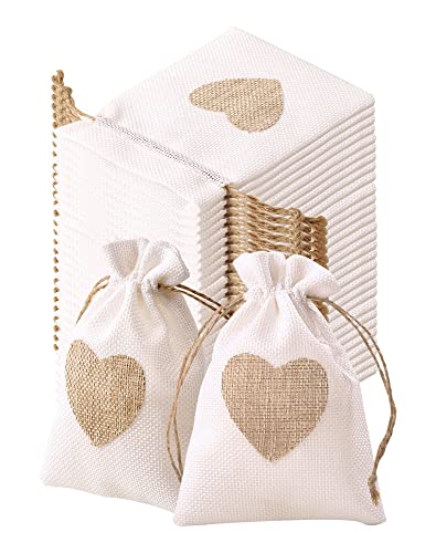 LAOYE 30 Stück Jutesäckchen 10 x 14CM Sackleinen Taschen Beige Schmuckbeutel mit Kordelzug Geschenktüten mit Herz Jutebeutel Leinensäckchen Geschenksäckchen für Schmuck Handwerk Hochzeit Party von sufe