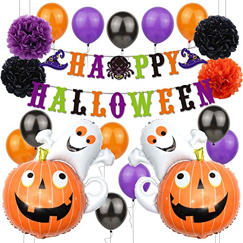 LAPONO Halloween Ballon Dekoration Set, Happy Halloween Luftballons Banner Horror Cute Geist Kürbis Folien Aufblasbar Ballon Schwarz Orange Latex Ballons für Outdoor Innen Party Tisch Garten von LAPONO