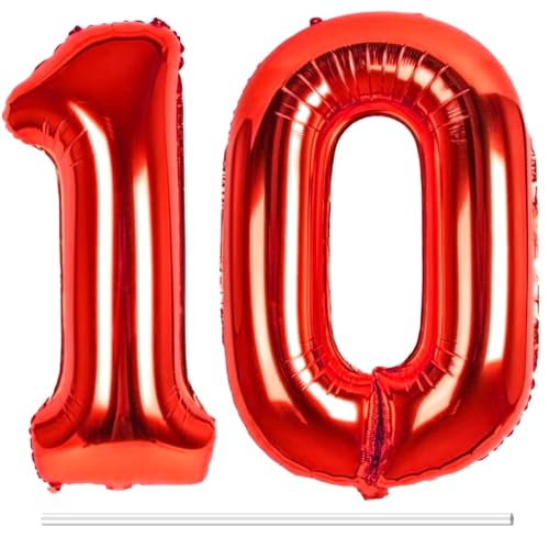 LAPONO Luftballons Geburtstag Zahl 10 Rot, XXL Folienballon Zahlen 1 und 0 Riesen Helium Ballons 10 Jahre Geburtstagsdeko für Junge, Mädchen 10. Kindergeburtstag Jubiläum Party Deko von LAPONO