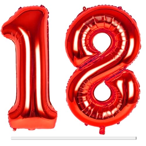 LAPONO Luftballons Geburtstag Zahl 18 Rot, XXL Folienballon Zahlen 1 und 8 Riesen Helium Ballons 18 Jahre Geburtstagsdeko für Junge, Mädchen 18. Kindergeburtstag Jubiläum Party Deko von LAPONO