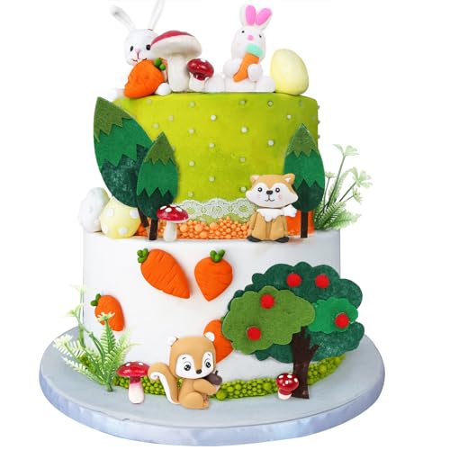 LARDUX 14 Stück Wald-Kuchenaufsätze – Tier-Kuchendekorationen mit Kaninchen, Eichhörnchen, Fuchs, Baum, Gras für Babyparty, Geburtstag, Wald, Themenparty, Kuchendekoration von LARDUX