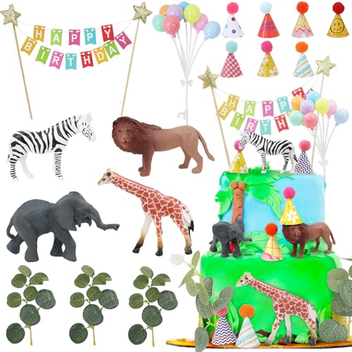 LARDUX Kuchendekoration Dschungel-Safari-Tier-Kuchenaufsatz mit Löwe, Giraffe, Elefant, Zebra, Happy Birthday-Flagge, Kuchendekoration, bunte Ballon-Kuchendekoration für von LARDUX