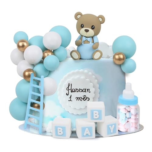 LARDUX 24 Stück Baby Dusche Kuchen Dekorationen, Teddybär Kuchen Dekoration DIY Kuchen Kugeln Dekoration für Baby Junge Mädchen Geburtstag Party Bär Baby Dusche Kuchen Dekor - Blau von LARDUX