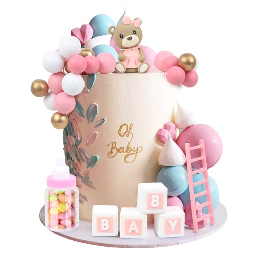 LARDUX 24 Stück Baby Dusche Kuchen Dekorationen, Teddybär Kuchen Dekoration DIY Kuchen Kugeln Dekoration für Baby Junge Mädchen Geburtstag Party Bär Baby Dusche Kuchen Dekor - Rosa von LARDUX