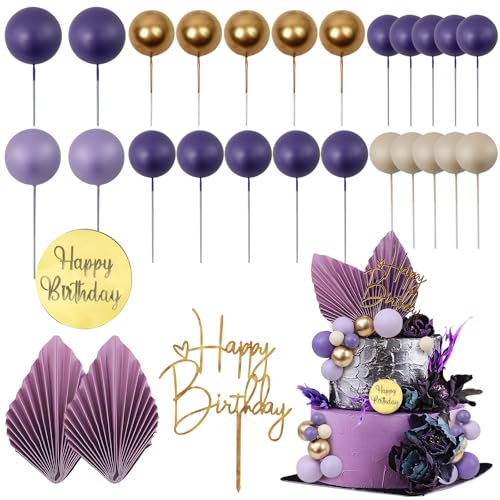 LARDUX 28 Stück Tortendeko Lila - Geburtstag Torten Deko DIY Palmenblätter Boho Mini Ballon Cupcake Topper Tortendeko Kugeln für Mädchen Frauen Geburtstag Party Dekor von LARDUX