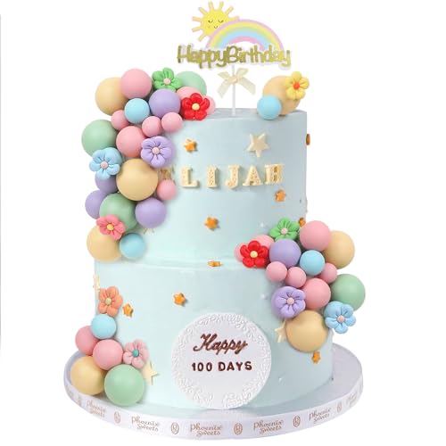 LARDUX 39 Stück Kugel-Kuchenaufsätze – Pastell-Kuchenbälle DIY Blume Regenbogen Kuchen Dekorationen für Mädchen Macaron Geburtstag Babyparty Boho Groovy Party von LARDUX