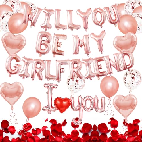 LARDUX 40,6 cm Roségold "WILL YOU BE MY GIRLFRIEND" Luftballons Banner - Mylar-Antragsbuchstabenballons mit 2 Herz-Folienballons für romantische Dekorationen (Roségold) von LARDUX