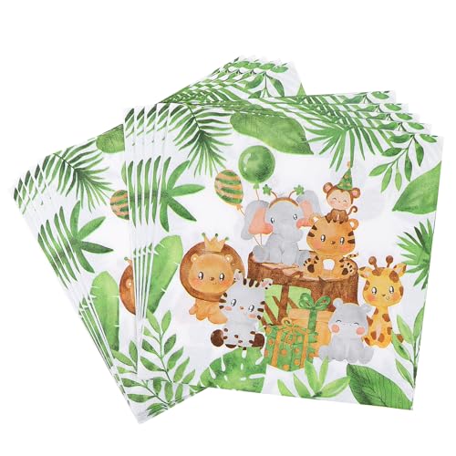 LARDUX 40 Stück Servietten Kindergeburtstag - Servietten Dschungel 33x33 cm Animals Motiv Grün Papierservietten für Jungen Kindergeburtstage Waldtiere Geburtstag Kinderpartys Baby-Taufe Deko von LARDUX