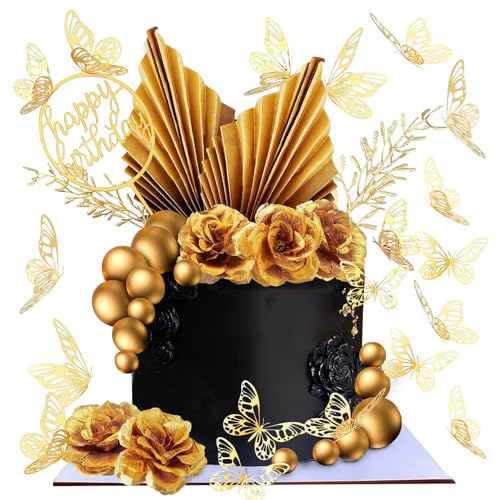 LARDUX 43 Stück Boho Tortendeko - Gold Torten Deko Kugel Palmblätter Schmetterling DIY Kuchendekoration Tortendeko Blumen Tortenaufsatz für Hochzeit Geburtstag Babyparty von LARDUX