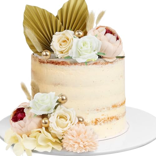 LARDUX 20 Stück Boho Tortendeko - Blumen Tortendeko Cake Topper mit Blumen Palmenblätter Goldene Torten kugeln für DIY Geburtstag Hochzeit Babyparty Mädchen von LARDUX