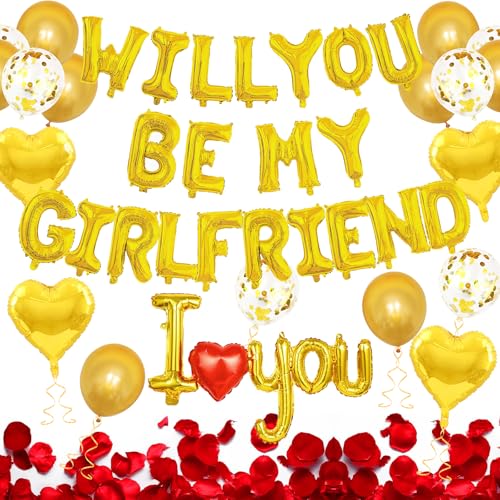 LARDUX Goldene vormontierte Luftballons mit Aufschrift "Will You Be My Girlfriend", glitzernd, rot-rosa Herz-Girlande, "Will You Be My Girlfriend"-Dekoration von LARDUX