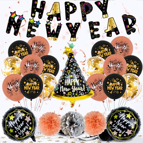 Happy New Year Decorations Set 2024 Black Gold Balloon Photo Props For New Year Party Holiday Supplies Home Decor Rsoe Gold Balloon Garlands Kits With Banners von LARUISEE