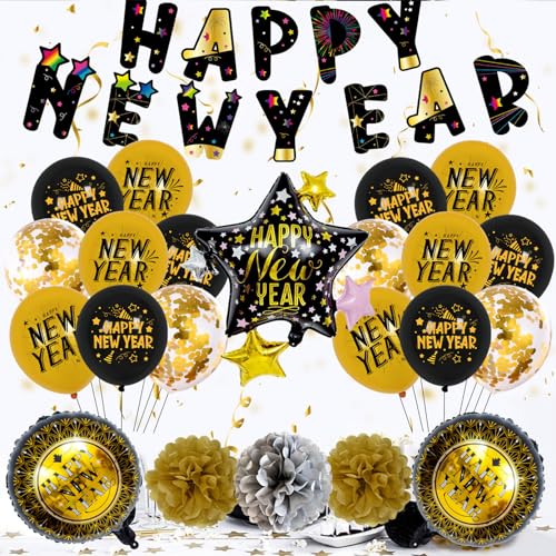 Happy New Year Decorations Set 2024 Black Gold Balloon Photo Props For New Year Party Holiday Supplies Home Decor Rsoe Gold Balloon Garlands Kits With Banners von LARUISEE