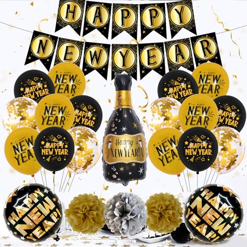 Happy New Year Decorations Set 2024 Black Gold Balloon Photo Props For New Year Party Holiday Supplies Home Decor Rsoe Gold Balloon Garlands Kits With Banners von LARUISEE