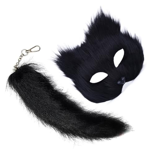 LARUISEE Therian Maske und Schwanz für Frauen und Mädchen, flauschige Katzen, Füchse, Wolf, Maske, Schwanz, Schlüsselanhänger, Cosplay, Halloween-Kostüm, Katzen, Maskenschwanz von LARUISEE