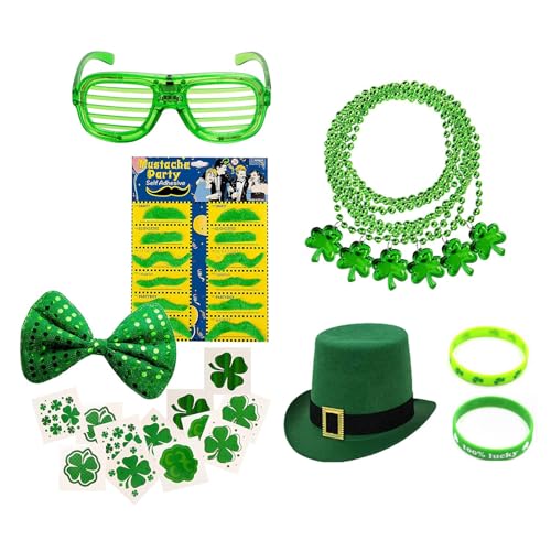 LARUISEE Vintage Patricks Day Zylinderhut mit Brille, zarte Armreifen und Perlen, Halsketten-Set, Festival, Party, Damen-Kostüm, Requisiten, Patrick's Day, Party-Dekorationen, Patrick's Day von LARUISEE