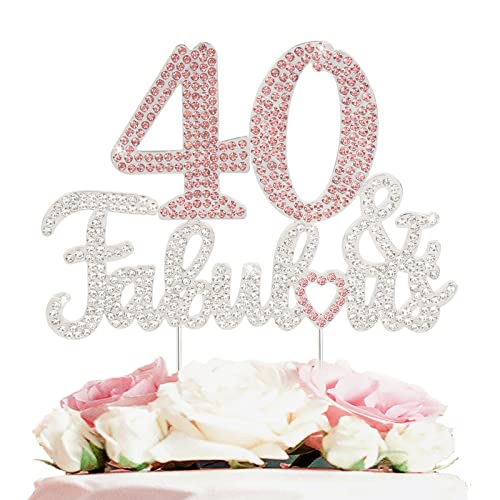 LASKYER 40 & Fabulous Silber Pink Strass Kuchendekoration – Happy 40th Birthday Cheers to Forty Years Old Bday Party Metall glitzernde Kuchendekoration Topper-Dekorationen Andenken von LASKYER