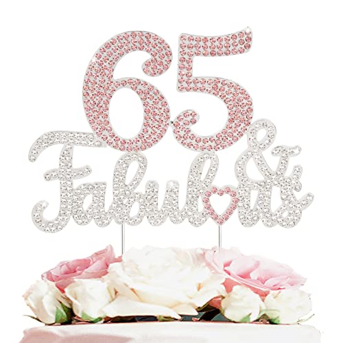 LASKYER 65 & Fabulous Silber Rosa Strass Kuchendekoration – Happy 65th Birthday Cheers to 65 Years Old Bday Party Metall glitzernde Kuchendekoration Topper-Dekorationen Andenken von LASKYER