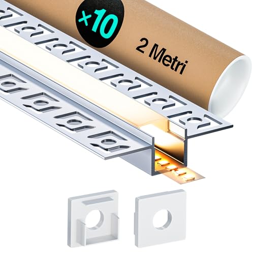 Aluminiumprofil für LED-Streifen für LED-Streifen 2 m x 10 (20 m), LED-Profil Gipskarton, kompatibel mit LED-Streifen bis zu 12,6 mm, LED Channel und Diffusor mit Kappen -2000 x 55,5 x 14,9 mm von LASLUX