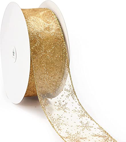 LATERN 20M Organzaband, 6,3cm Breite Schneeflocke verdrahtet schiere Glitzerband Schimmerband Metallische Bänder Handwerk Tüllband für Geschenkverpackung Kranz Weihnachtsschleife Dekoration (Gold) von LATERN