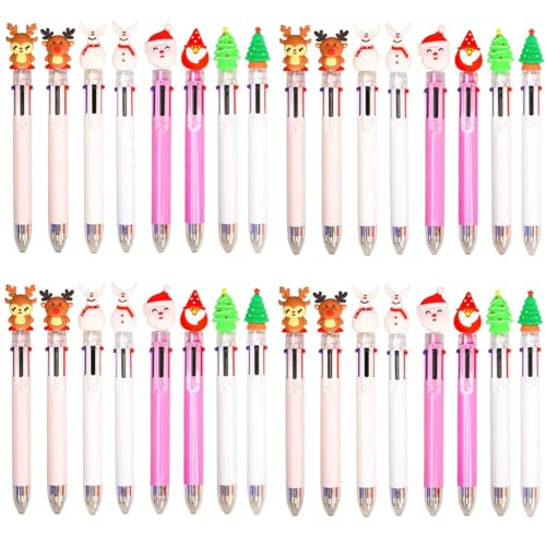 LATERN 32 Stück Weihnachts Kugelschreiber, 6-in-1 Mehrfarbiger Einziehbarer Shuttle Stift 18CM Weihnachtsbaum Schneemann Rentier Weihnachtsmann Tintenroller für Weihnachtsfüller Gastgeschenke -8 Stile von LATERN