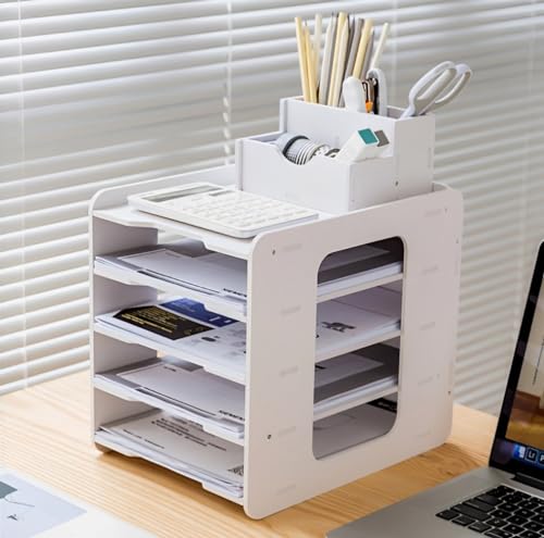 LATERN 5 Stufiger Briefablage Organizer, A4 Papier Ablagefach Aktendokumenthalter Schreibtisch Organizer mit Stifthalter für Home Office Schule Desktop Organisation (Holz-Kunststoff) von LATERN