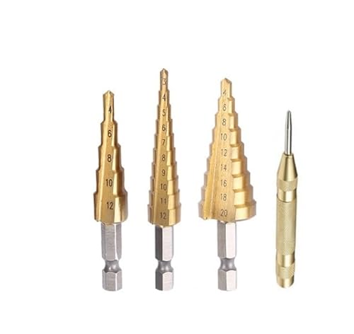 1/3/4 Stück 3-12 mm 4-12 mm 4-20 mm HSS-Stufenbohrer-Set mit gerader Nut Titanbeschichtetes Holz-Metall-Lochschneider-Kernbohrer-Set(Gold 4pcs) von LATOOR