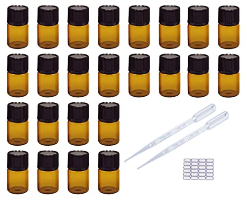 LATRAT 24 Glasflaschen mit schwarzem Deckel, transparent, für ätherische Öle, Aromatherapie, Parfümöle, ätherische Öle, 2 ml, mit Klebstoff und Pipette von LATRAT