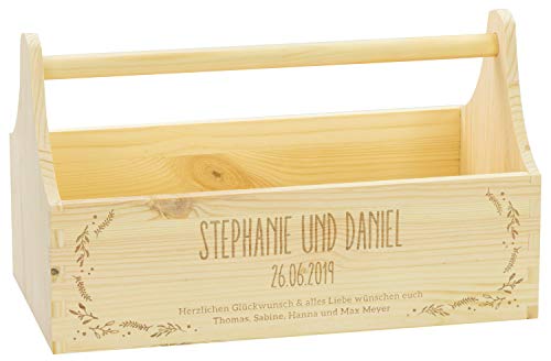 LAUBLUST Geschenkkorb zur Hochzeit Floral Motiv - Personalisiert mit Gravur - ca. 34x18x20cm, Natur, Holz von LAUBLUST