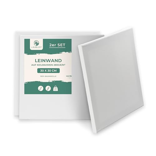 LAUBLUST Keilrahmen 30x30 cm 2er Set - Weiß | Leinwand Set Maltuch aus 100% Baumwolle - Leinwände 280 g/m² | Vorgrundiert, Säurefrei - Keilrahmenset Leinwand zum Bemalen für Acryl-, Aquarell-, Ölfarbe von LAUBLUST