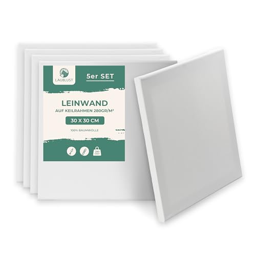 LAUBLUST Keilrahmen Set - Weiß | Leinwand Set Maltuch aus 100% Baumwolle - Leinwände 280 g/m² | Vorgrundiert, Säurefrei - Keilrahmenset Leinwand zum Bemalen (ca. 30 x 30 cm, 5er Set) von LAUBLUST