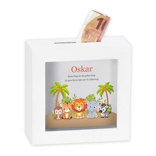 LAUBLUST Kinder 3D Bilderrahmen Spardose Personalisiert - weiß | Holz Sparschwein - Geschenke zur Taufe, Kommunion, Konfirmation, Geburtstag | Taufgeschenk für Mädchen & Jungen (Safari) von LAUBLUST