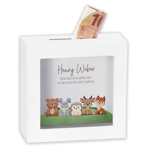 LAUBLUST Kinder 3D Bilderrahmen Spardose Personalisiert - weiß | Holz Sparschwein - Geschenke zur Taufe, Kommunion, Konfirmation, Geburtstag | Taufgeschenk für Mädchen & Jungen (Waldtiere) von LAUBLUST