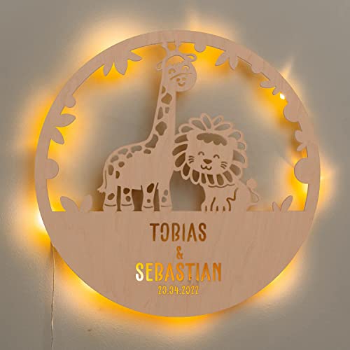 LAUBLUST Nachtlicht Kinderzimmer Personalisiert - Löwe & Giraffe - 30x0,4 cm - Natur - Wandlampe für Zwillinge - Einschlafhilfe für Geschwister - Wandleuchte Kinderzimmer von LAUBLUST