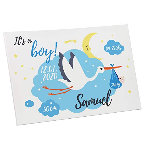 LAUBLUST Personalisierte Leinwand zur Geburt & Taufe | Baby-Geschenk Junge & Erinnerungsstück - It's a Boy, 60 x 40 cm - Deko Bilder Kinderzimmer Junge | Poster Babyzimmer | Baby Wandposter mit Gravur von LAUBLUST