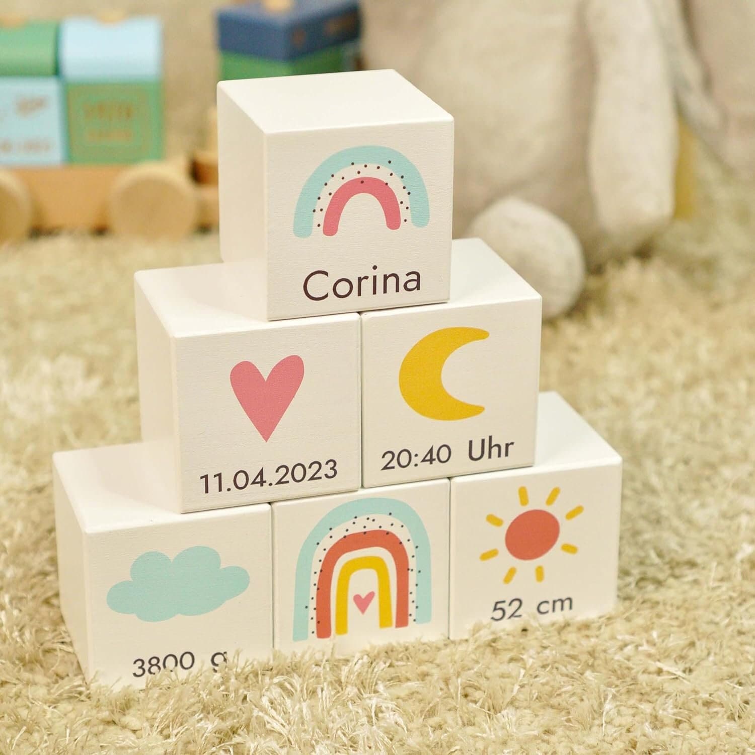 Laublust Holzwürfel Baby Personalisiert Mit Namen - Holzspielzeug Gravur 6Er Würfel Set Regenbogen | 50x50x50mm Groß, Holz, Weiß von LAUBLUST