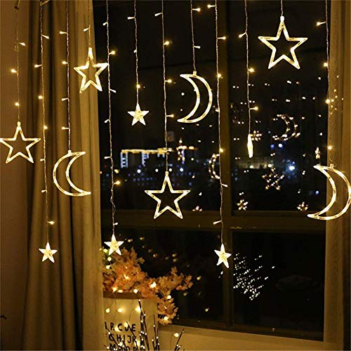 Stern Mond LED Vorhang Lichter, 3.5M LED Weihnachten Fenster Lichterkette, Batteriebetriebene Girlande Ramadan Dekorationen für Zuhause, Weihnachten, Hochzeit, Party, Terrasse, Ramadan, Eid, Rasen von LAUFUY