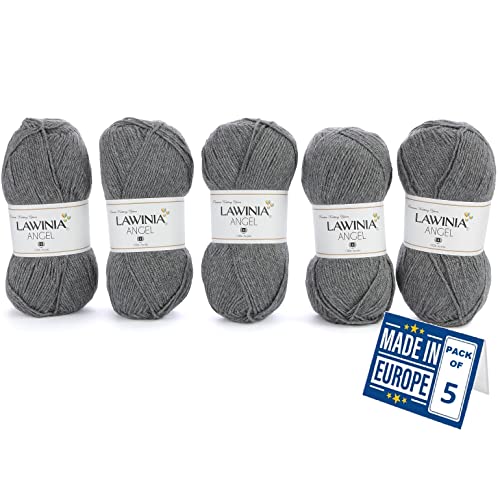 LAWINIA - ANGEL Premium Ultraweiche DK Wolle Dunkelgrau, Häkelgarn 100g x 5 Jeder 280m, 100% Acryl, ÖKO-TEX Zertifiziert, Hypoallergen, Vegan, Acryl Wolle zum Stricken und Häkeln, Garn, DK Strickgarn von LAWINIA