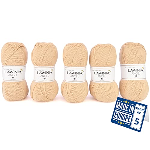 LAWINIA - ANGEL Premium Ultraweiche DK Wolle Ecru, Häkelgarn 100g x 5 Jeder 280m, 100% Acryl, ÖKO-TEX Zertifiziert, hypoallergen und vegan, Acryl Wolle zum Stricken und Häkeln, Garn, DK Strickgarn von LAWINIA