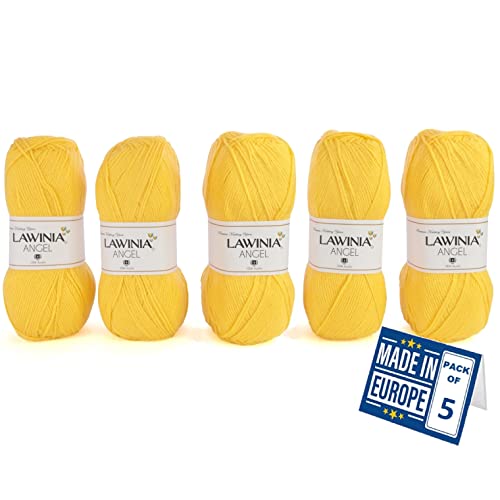 LAWINIA - ANGEL Premium Ultraweiche DK Wolle Gelb, Häkelgarn 100g x 5 Jeder 280m, 100% Acryl, ÖKO-TEX Zertifiziert, hypoallergen und vegan, Acryl Wolle zum Stricken und Häkeln, Garn, DK Strickgarn von LAWINIA