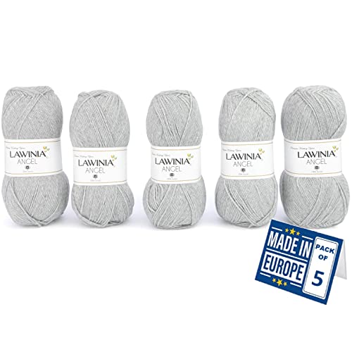 LAWINIA - ANGEL Premium Ultraweiche DK Wolle Hellgrau, Häkelgarn 100g x 5 Jeder 280m, 100% Acryl, ÖKO-TEX Zertifiziert, hypoallergen und vegan, Acryl Wolle zum Stricken und Häkeln, Garn, DK Strickgarn von LAWINIA