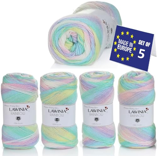 LAWINIA RAINBOW Premium Regenbogen Garn, Regenbogen Wolle zum Stricken 5 Stück je 100g - 320m 100% Acryl Strickgarn, Paintbox Garn Pastell Wolle, Mehrfarbig Wolle, Farbverlaufsgarn, Ombre Garn von LAWINIA