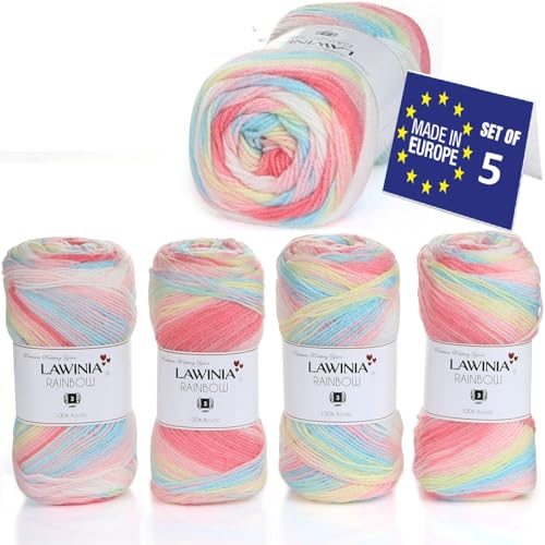 LAWINIA RAINBOW Premium Regenbogen Garn, Regenbogen Wolle zum Stricken 5 Stück je 100g - 320m 100% Acryl Strickgarn, Paintbox Garn Pastell Wolle, Mehrfarbig Wolle, Farbverlaufsgarn, Ombre Garn von LAWINIA