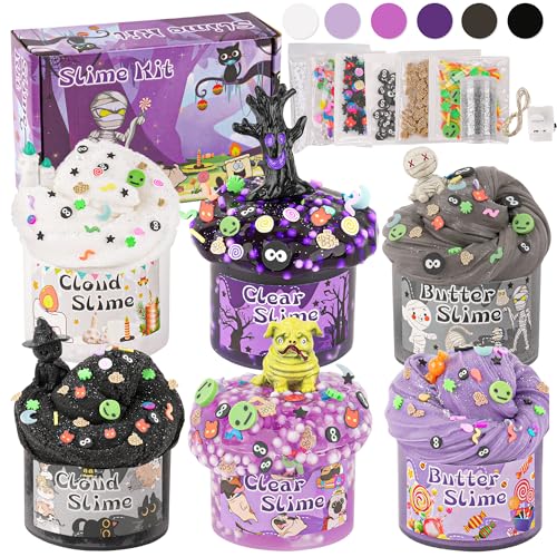 LAWOHO 6 Stück Lila und Schwarzes Slime Set mit Fluffy Cloud Wolkenschleim, Clear Slime & Butter Schleim, Schleim Kinder Geburtstags Halloween Mitgebsel Mädchen und Jungen von LAWOHO