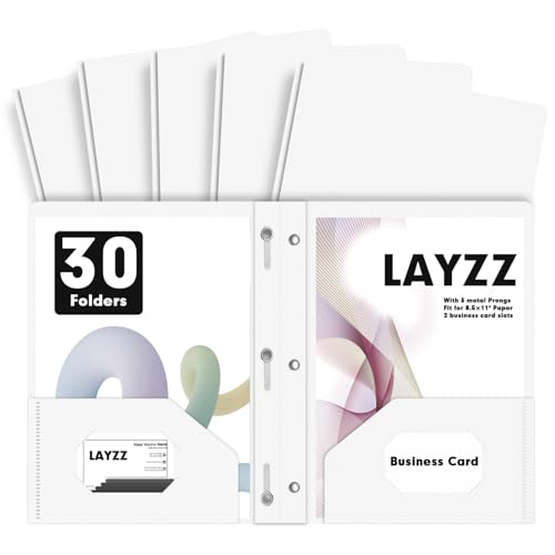 LAYZZ Kunststoff-Ordner mit 2 Taschen und Zinken, 30 Stück, schwer, Briefform, Poly-Ordner mit 3 Metallzacken, Verschlussclips (weiß) von LAYZZ