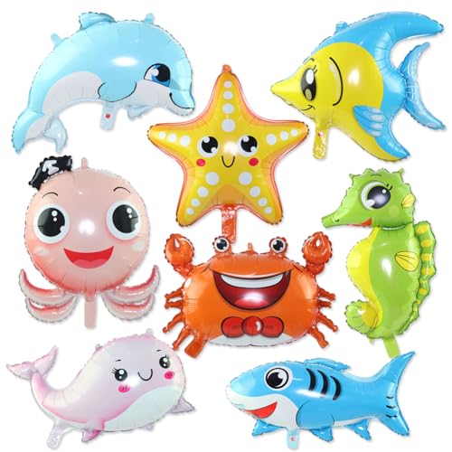 LAjuu NTEVXZ 8Pcs Meerestiere Folienballon, Fische Folienballons, Delfin Seestern Seepferdchen Krabbe Ballons, für Kinder Geburtstag Party Dekoration Ozean Thema Party von LAjuu