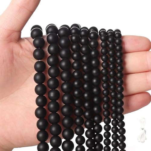 LBDONDIN 10 mm große, runde mattschwarze Achat-Perlen, lose Steinperlen für Schmuck-Armbandherstellung, mit elastischem Faden von LBDONDIN