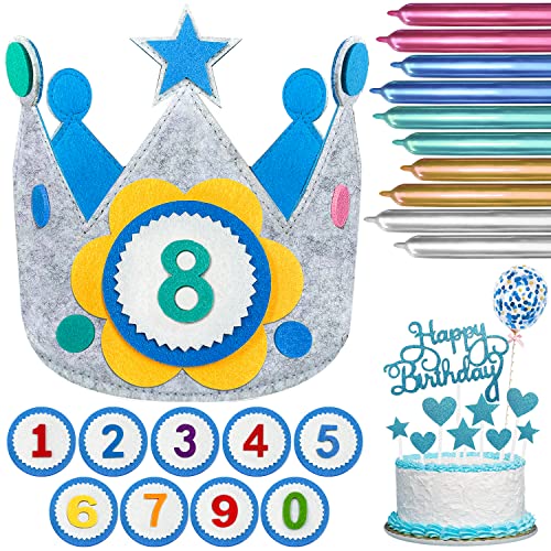 LBING Geburtstagskrone Kinder Blau Geburtstagskrone Stoff Unisex Kinderkrone Krone Geburtstag mit Auswechselbaren den Zahlen 0-9 mit 10PCS Modellierung Ballons von LBING