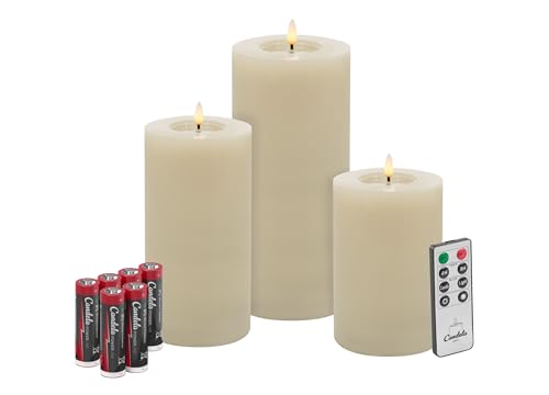 Candela Lights LED Kerzen 3er Set Winter Creme Flammenlos Echtwachs inklusive Fernbedienung & Batterien Dimmbar Flammenfunktion von LC Home